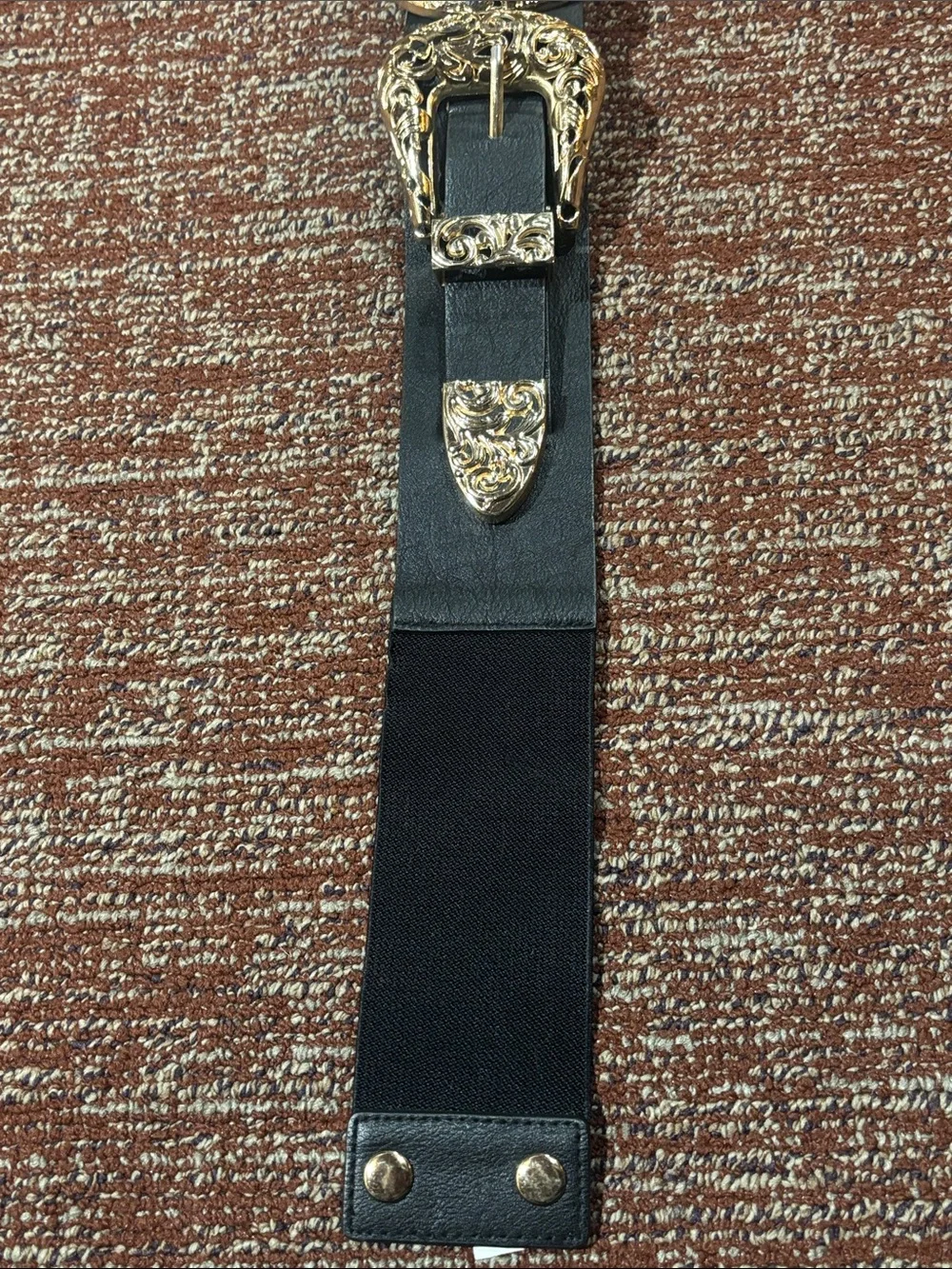 Double western buckle Black Elastic Belt Gold tone Buckle stretch maximalist Med